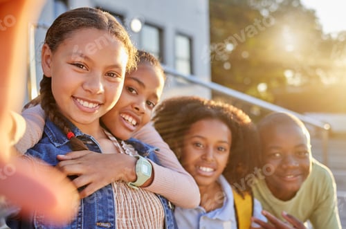 Preview: Girls, boy and bonding diversity selfie on community school, education or learning campus social me