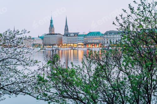 Preview: Beautiful view of Hamburg town hall - Rathaus and Alster river at spring earning evening