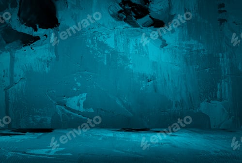 Preview: Vintage grunge blue concrete texture studio wall background with vignette.