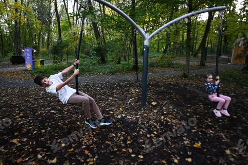 Preview: Boy swinging on a swing in an autumn park with his little sister.