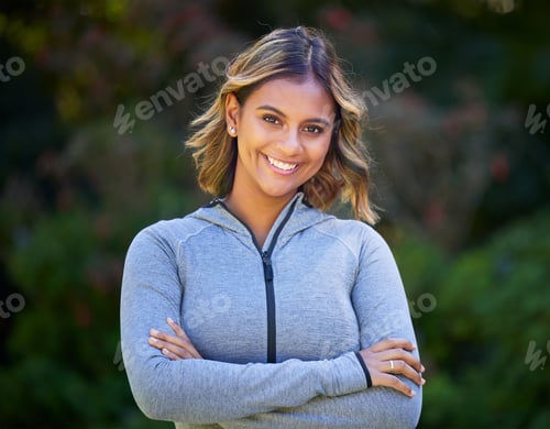 Preview: Runner woman, arms crossed and portrait in park, smile and exercise with fitness training in nature