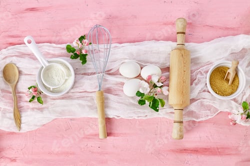 Preview: Bakery or cooking frame, ingredients, kitchen items for pastry