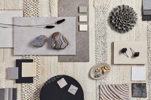 Preview: Flat lay design of creative architect moodboard composition