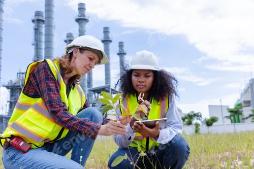 Preview: Two environmental workers analyzing plant growth for carbon credit assessment