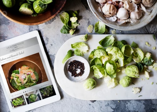 Preview: Aerial view of brussle sprouts with digital tablet
