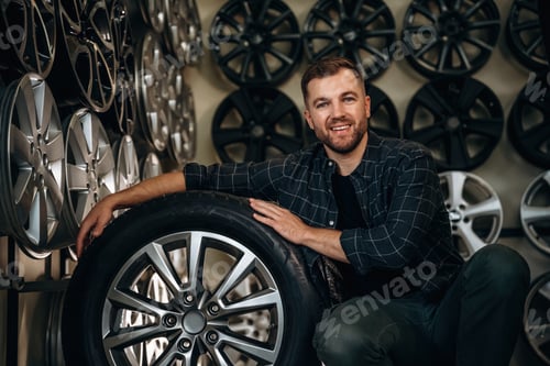 Preview: Bunch of tires, wheels. Man worker is maintenance station