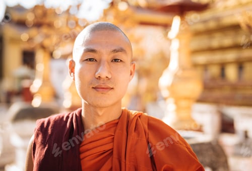 Preview: Serene monk with a gentle gaze standing before a golden temple backdrop.