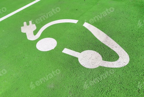 Preview: EV charging station sign, symbol on parking spot. White car symbol on green asphalt.