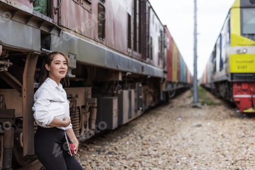 Preview: A female professional stands beside a freight train holding a white safety helmet and keys.