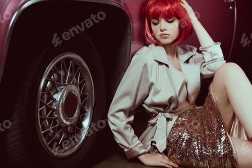 Preview: sensual stylish girl in red wig and stylish trench coat sitting near vintage car