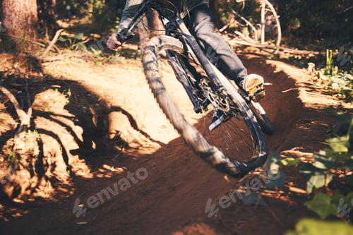Preview: Cycling, closeup and wheel with man in nature for fitness, training and adventure. Extreme sports,