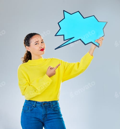 Preview: Speech bubble, confused and woman pointing to chat, social media opinion and confused for translati
