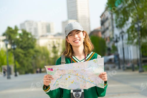 Preview: Smiling young Asian tourist with city map