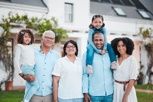 Preview: Happy, relax and portrait of big family at home for bonding, generations and carefree. Happiness, w