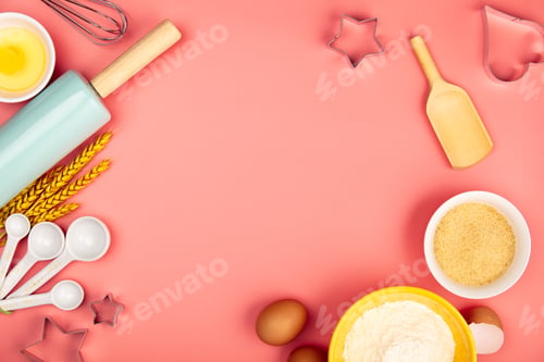 Preview: Baking or cooking ingredients on pink background, flat lay