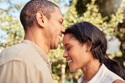 Preview: Love, black couple and being happy, smile and together bonding for relationship, marriage and outdo