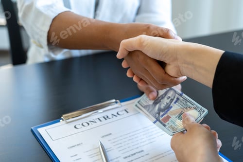 Preview: Asian businesswomen give dollars to sign home and real estate contracts and congratulate them for wo