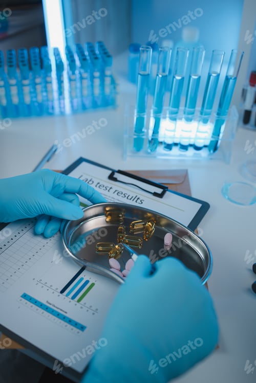 Preview: a scientist is testing various pills in order to improve their quality an effectiveness in the labor