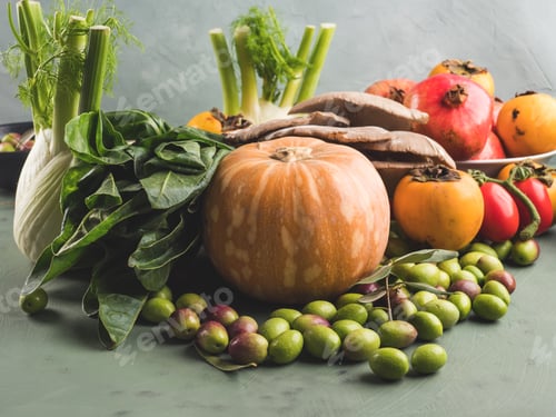 Preview: Green background with raw organic vegetable, fruit