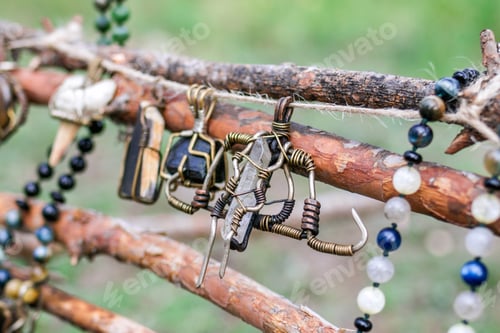 Preview: Handmade craft jewelry from metal and natural stones. Handcraft precious item. Jewelry accessories.