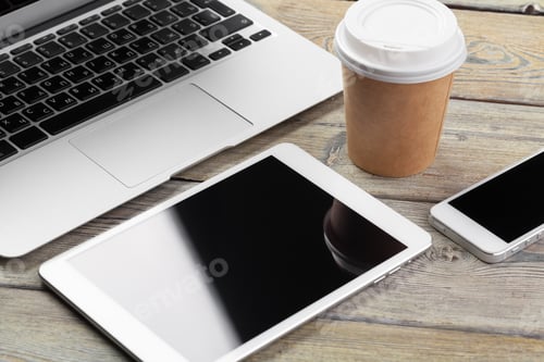 Preview: Open laptop with digital tablet and smartphone close up