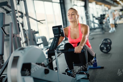 Preview: Young cute woman doing exercises with rowing machine