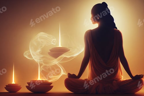 Preview: beautiful goddess meditating chakra symbols spirituality