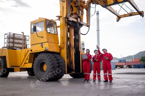 Preview: Engineer or worker standing forklift or truck vehicle are holding detail and appear to be discussing