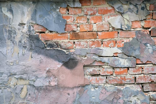 Preview: Old brick wall texture with cracked peeling paint. Abstract grunge backdrop