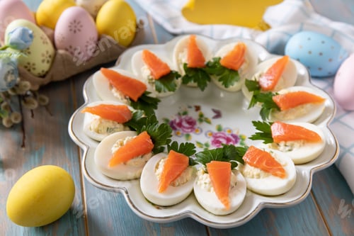 Preview: Stuffed eggs with cheese and salted salmon in the form of a carrot on a wooden table.