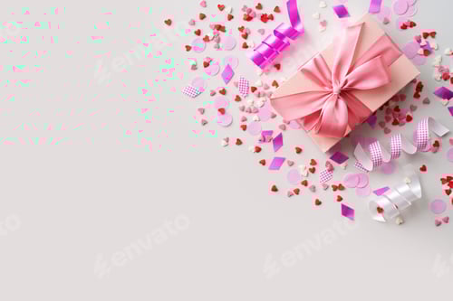 Visualização: Conceito de celebração com confete rosa, decoração de presentes e eventos em fundo branco