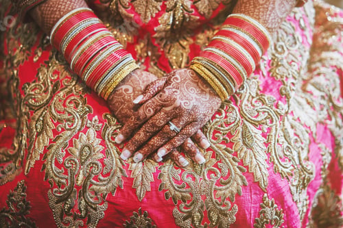 Preview: The close-up shot of Indian bride with beautiful pink saree showing mehndi (henna) hand with a lot