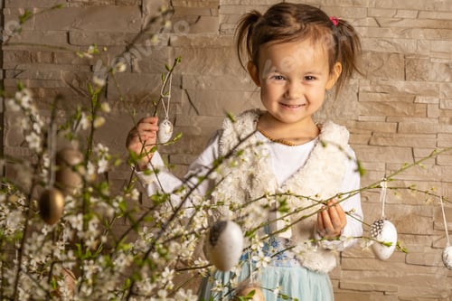 Preview: a little girl of two years decorates the flowering branches of mirabella with easter eggs