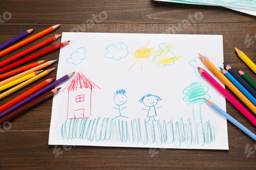 Preview: Cute child`s drawing and colorful pencils on wooden table, flat lay