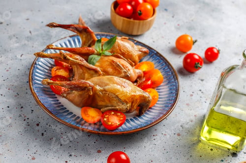 Preview: Delicious fried quail with herbs and cherry tomatoes.