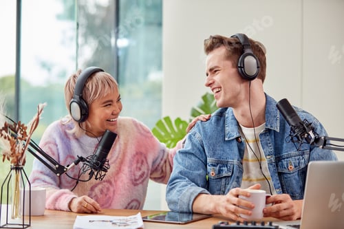Preview: Couple Recording Podcast Or Broadcasting Interview On Radio In Studio At Home With Laptop