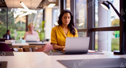 Preview: Mature Businesswoman Working On Laptop At Desk In Office With Takeaway Drink