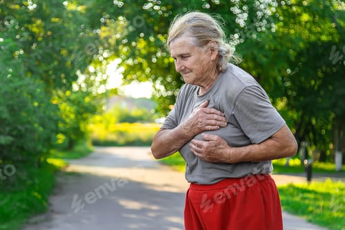 Preview: grandmother hurts heart on the road. Selective focus.