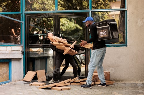 Preview: Shocked food delivery customer catching falling pizza boxes pile