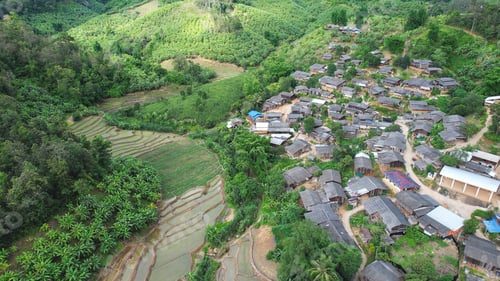 Preview: Aerial view from drone of the rural village and rice terraces in the mountains