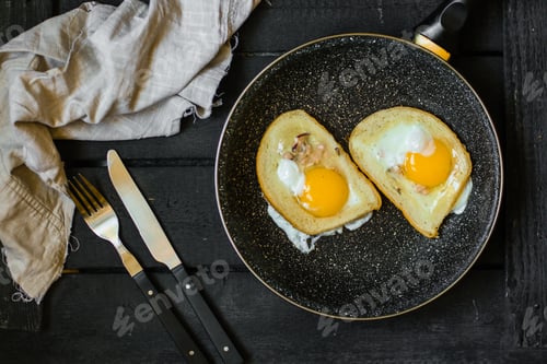 Preview: Fried Eggs In Bread, Scrambled Eggs (Yolk And White) Sandwich. Food Background. Top