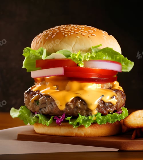 Preview: Delicious-looking hamburger is captured in a close-up shot on a dark background