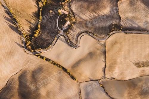 Preview: Aerial drone landscape of famous Tuscany hills, Italy. Abstract view of curved serpentine road