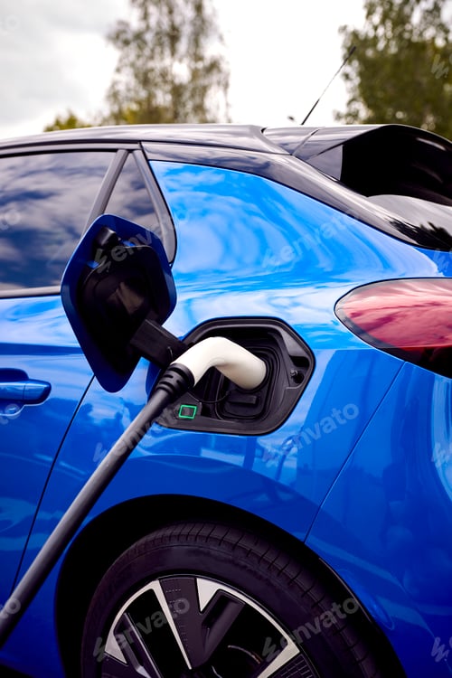 Preview: Charging Cable Attached To Environmentally Friendly Zero Emission Electric Car Outdoors