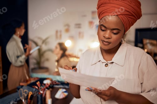 Preview: Black woman, thinking or fashion designer with paper for ideas, innovation or vision in studio, man
