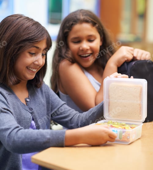 Preview: Opening her lunch in the cafeteria