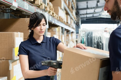 Preview: Warehouse workers using barcode scanner on box in distribution warehouse