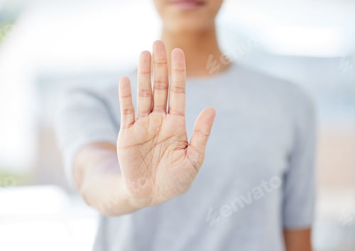Preview: Stop gesture, woman hand and warning palm sign to fight racism, oppression and inequality protest,