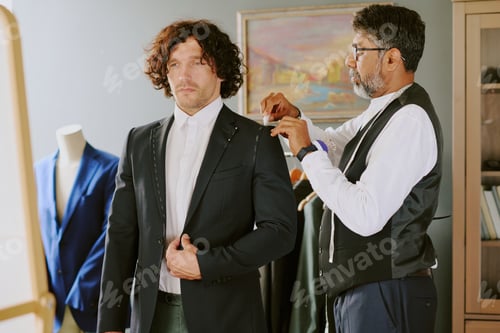 Preview: Male Tailor Measuring Jacket on Man in Studio