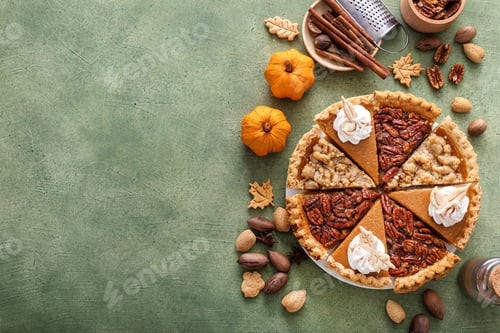 Preview: Traditional Thanksgiving pies cut into slices with pumpkin, pecan and crumble